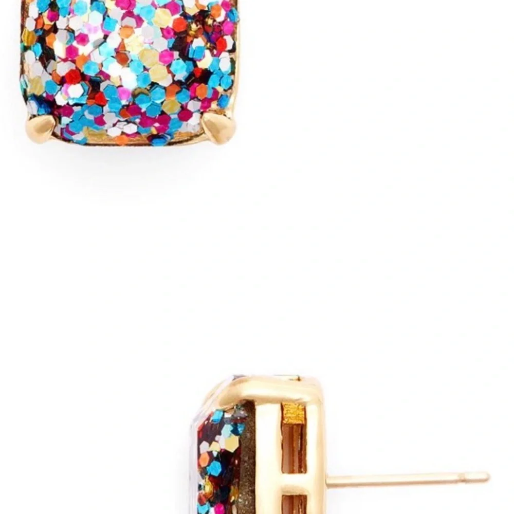 Kate Spade Multicolor Square Glitter Stud Earrings | Gold Setting - Dust Bag